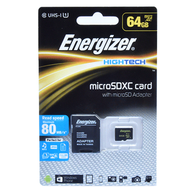 Thẻ Nhớ Energizer 64GB Micro SDXC Class 10 Up To 80mb/s FMDAAH064A - Hàng Chính Hãng