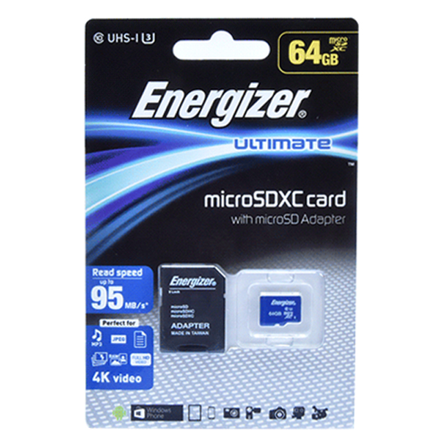 Thẻ Nhớ Micro SDXC Energizer 64GB Class 10 Up To 95mb/s (Kèm Adapter) FMDAAU064A - Hàng Chính Hãng