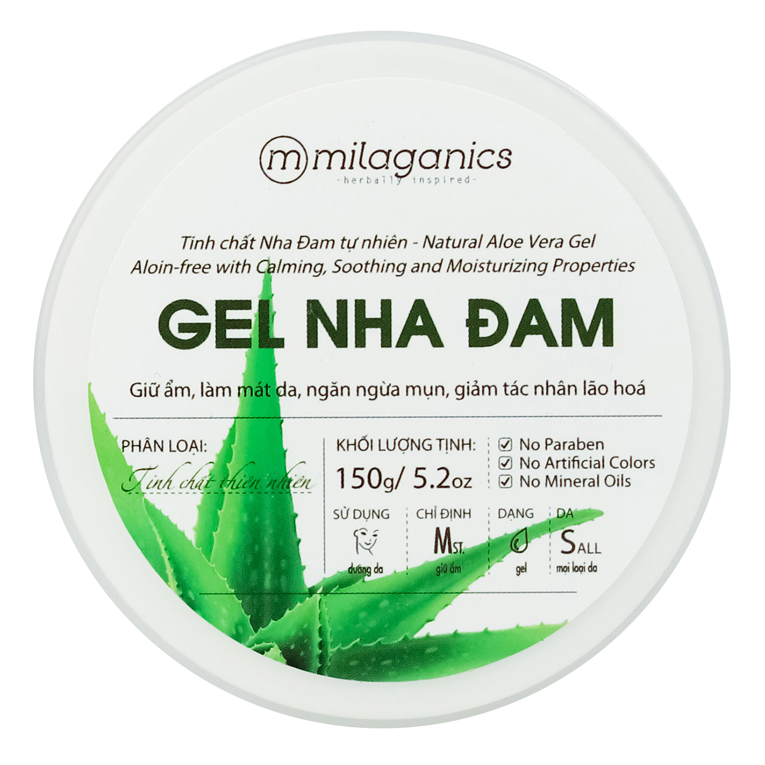 Gel Lô Hội Làm Mát Da, Ngừa Mụn, Chống Lão Hóa Milaganics (150g)