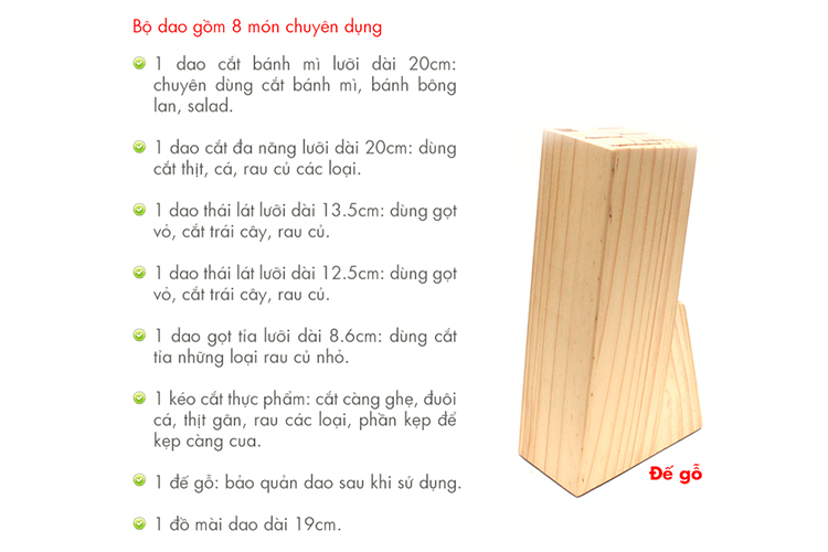 Bộ Dao Thép 8 Món Kèm Đế Gỗ Perfect PF-K08 - Bạc