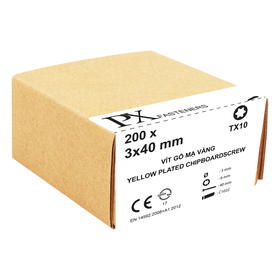 Hộp Vít Gỗ 200 Con Đầu TX Yellow Plated Chipboardscrew PX 303100020 (3 x 40 mm) - Vàng