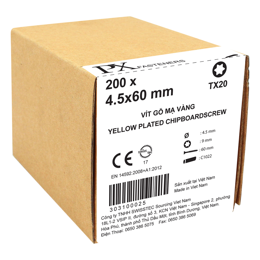 Hộp Vít Gỗ 200 Con Đầu TX Yellow Plated Chipboardscrew PX 303100025 (4.5 x 60 mm) - Vàng