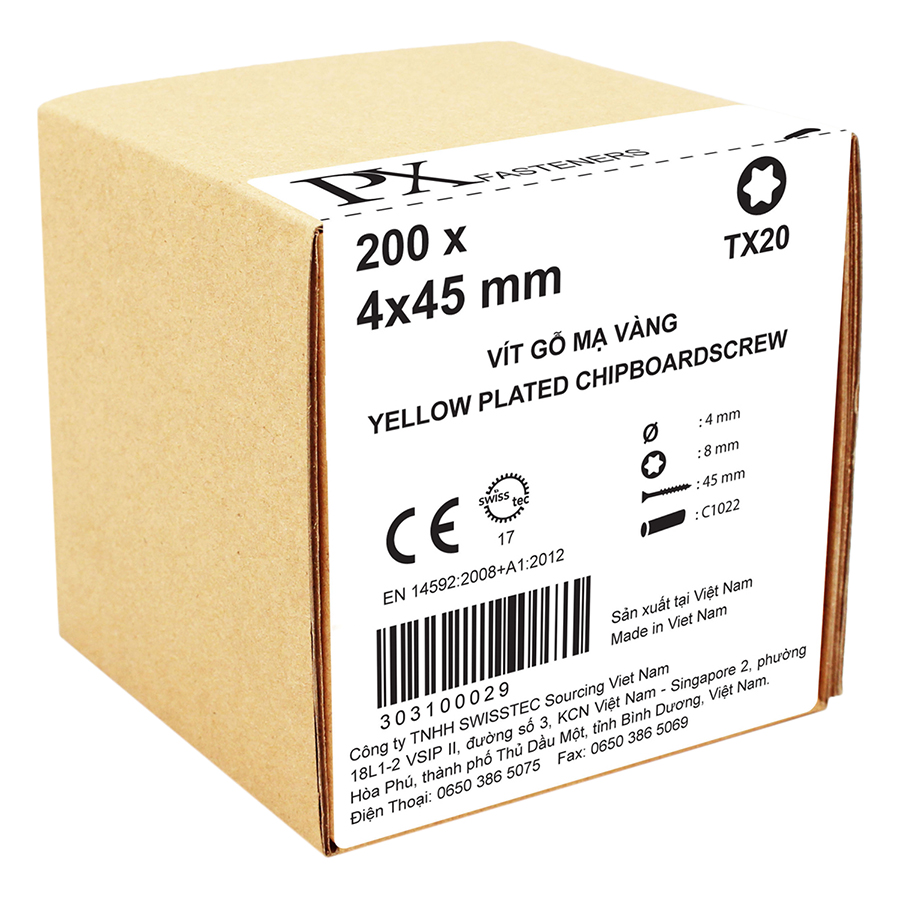 Hộp Vít Gỗ 200 Con Đầu TX Yellow Plated Chipboardscrew PX 303100029 (4 x 45 mm) - Vàng