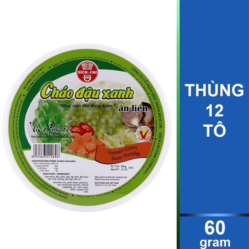 Thùng 12 Tô Cháo Đậu Xanh Bích Chi 60g