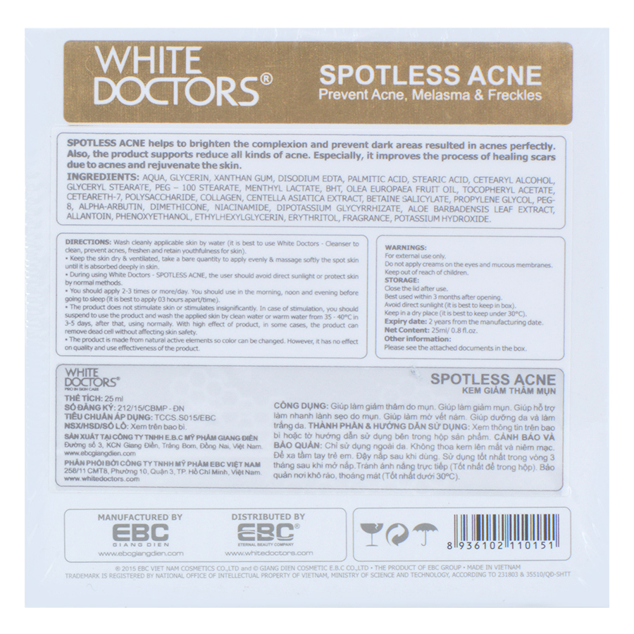 Kem ngừa thâm mụn làm trắng da White Doctors Spotless Acne (25g)