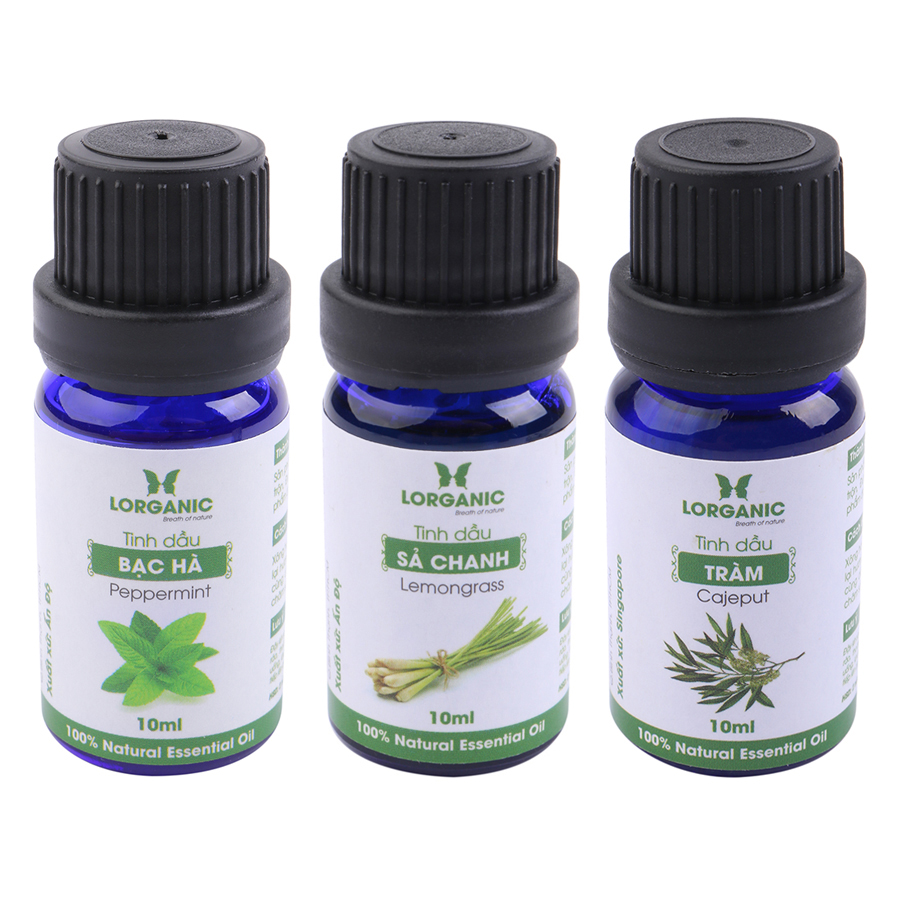 Combo Tinh Dầu Sả Chanh Lorganic + Bạc Hà Lorganic + Tràm Lorganic (10ml / Chai)