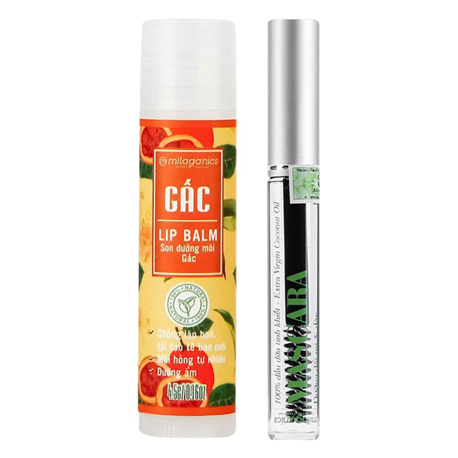 Combo Son Gấc Thiên Nhiên Dưỡng Môi, Giảm Thâm Milaganics + Mascara Dầu Dừa Dưỡng Mi Milaganics