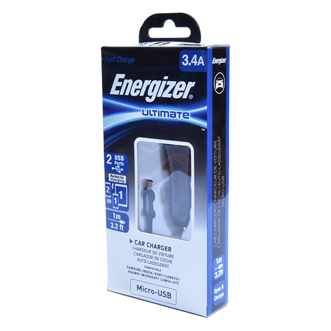 Bộ Sạc Xe Hơi Energizer Micro USB 2 Cổng 3.4A DCA2CUMC3 - Hàng Chính Hãng