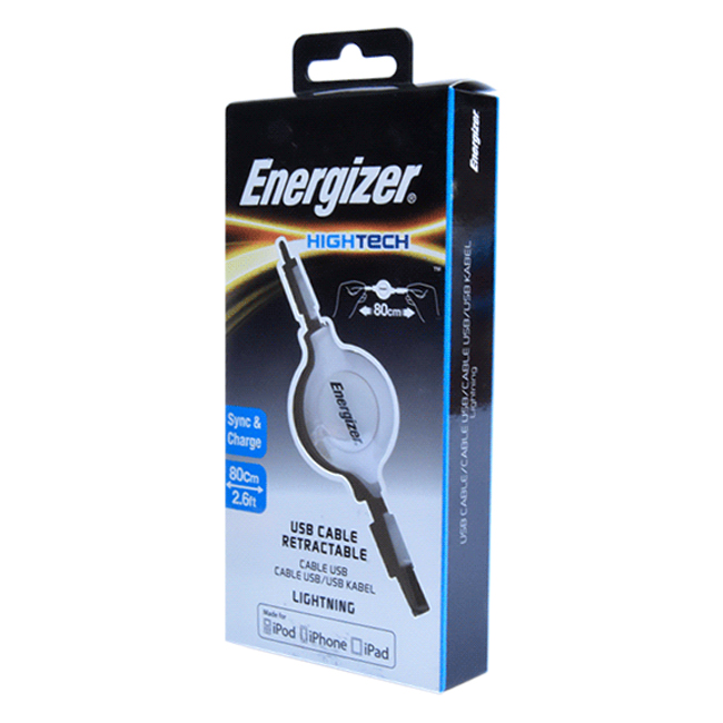 Cáp Sạc Energizer Lightning Dây Rút 80cm - Màu Trắng C31UBLIREWH4 - Hàng chính hãng