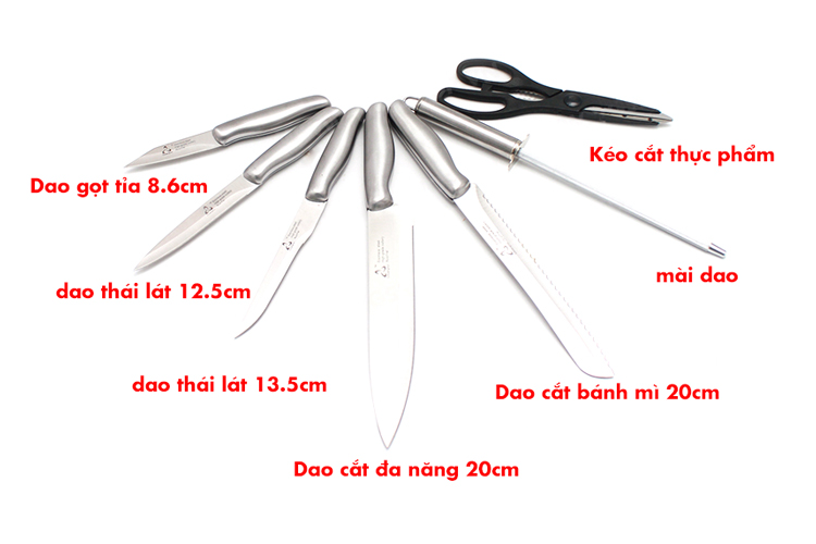 Bộ Dao Thép 8 Món Kèm Đế Gỗ Perfect PF-K08 - Bạc