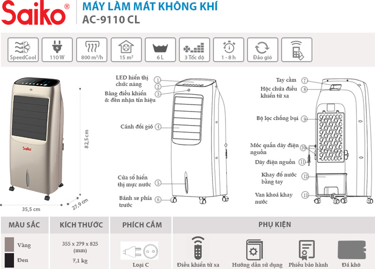 Máy Làm Mát Không Khí Saiko AC-9110CL (110W) - Hàng chính hãng