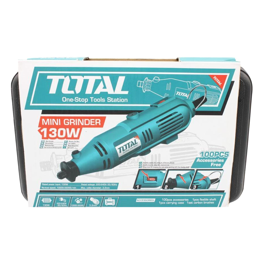 Bộ Máy Mài Khuôn Mini Total TG501032 (130W) - Kèm Vali 100 Chi Tiết Đầu Mài Khoan Trạm Trổ