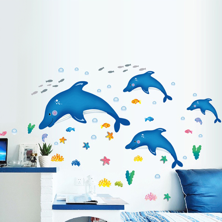 Decal Đàn Cá Heo Xanh Nhỏ Lala Shop DC680 (150 x 120 cm)