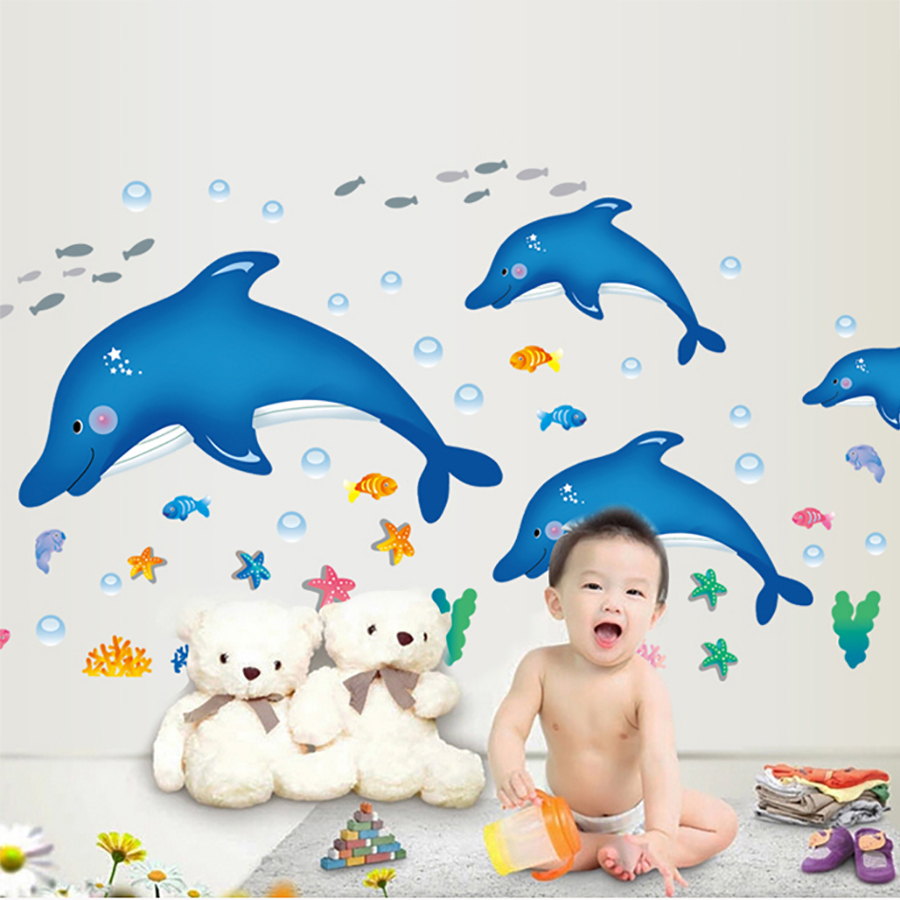 Decal Đàn Cá Heo Xanh Nhỏ Lala Shop DC680 (150 x 120 cm)