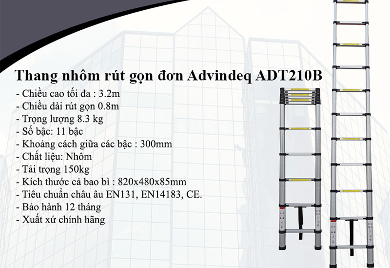 Thang Nhôm Rút Gọn Đơn Advindeq ADT210B - 11 Bậc - 3.2 Mét