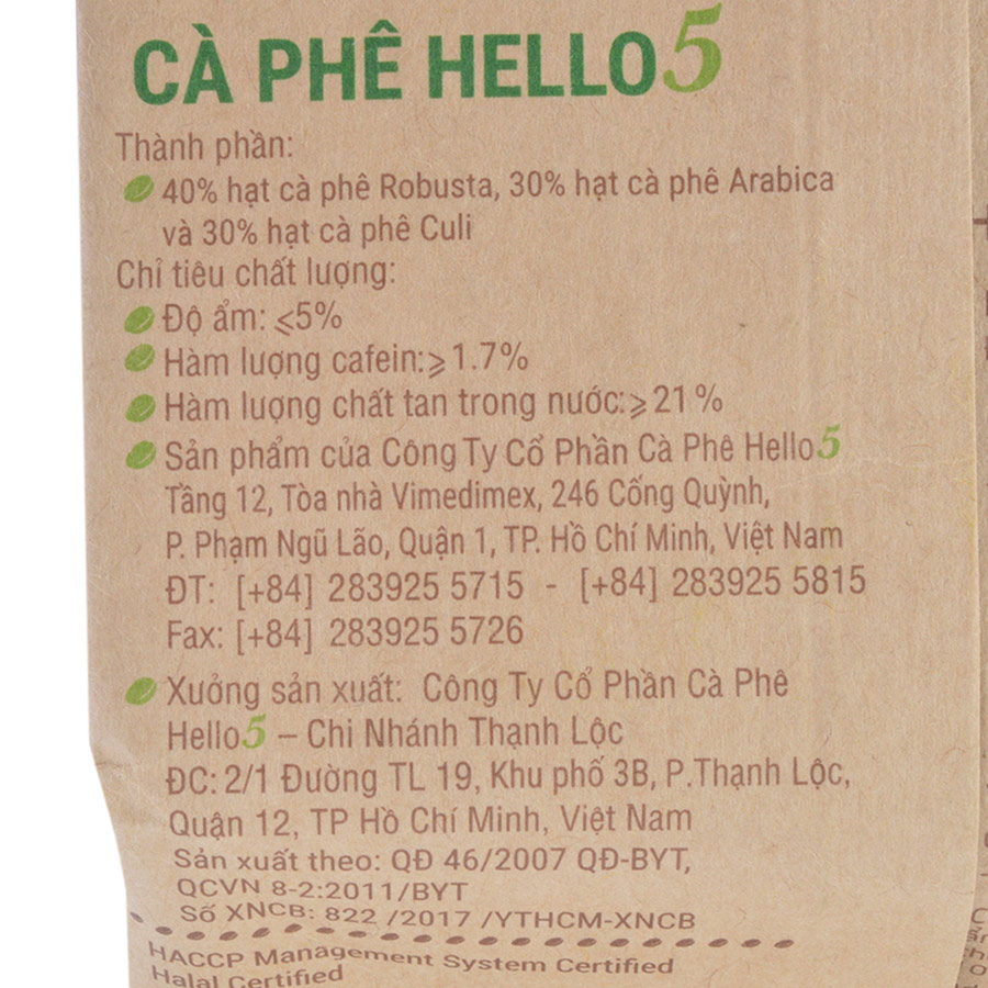 Bộ 1 Túi Cà Phê Organic Hello 5 Coffee (250g) + 1 Túi Cà Phê Regular Hello 5 Coffee (250g)