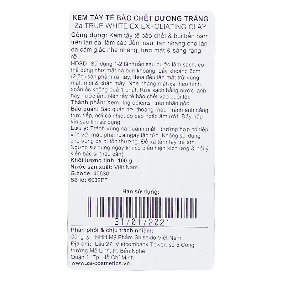 Kem Tẩy Tế Bào Chết Làm Sáng Và Đều Màu Da Za True White Ex Exfoliating Clay 100ml - 40530