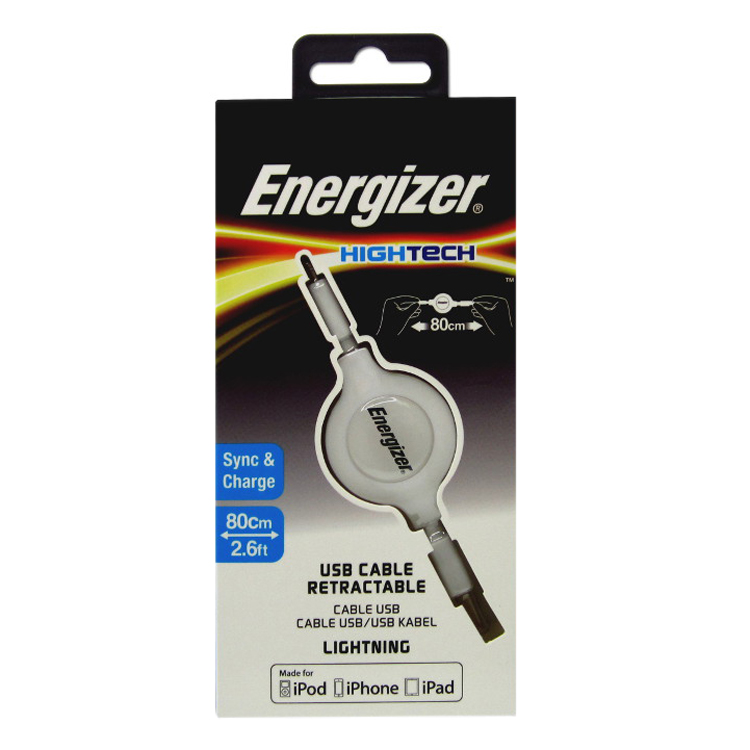 Cáp Sạc Energizer Lightning Dây Rút 80cm - Màu Trắng C31UBLIREWH4 - Hàng chính hãng