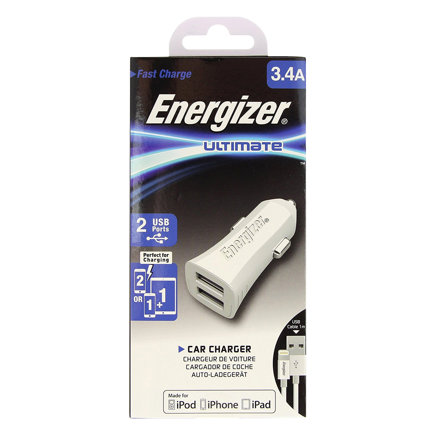 Bộ Sạc Xe Hơi Energizer Lightning 2 Cổng 3.4A DCA2CULI3 - Hàng Chính Hãng