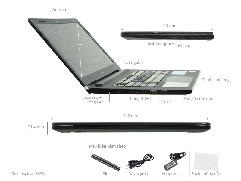 Laptop Dell Inspiron N3458-TXTGH3 (Windows 8.1) - Hàng Chính Hãng