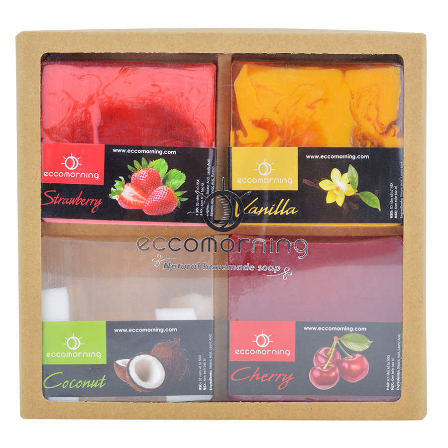 Combo 4 Xà Bông Hình Vuông Eccomorning Hương Cherry, Dâu, Vanilla, Dừa