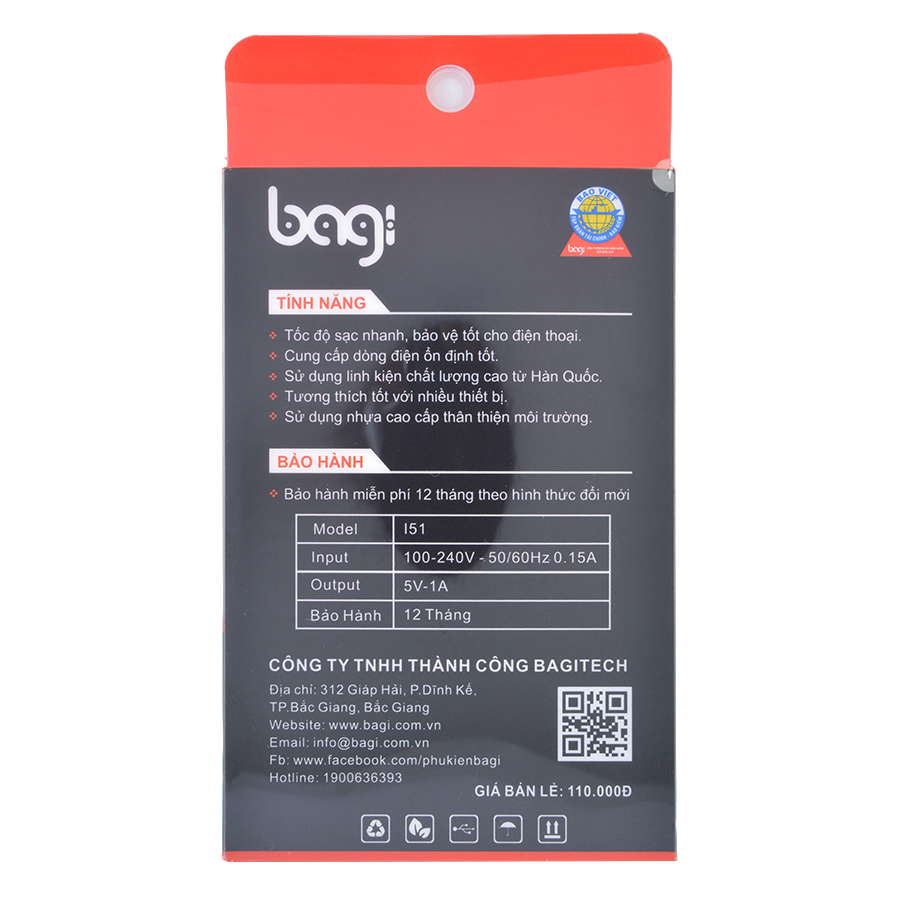 Củ Sạc Bagi I51 5V - 1A Cho iPhone, iPad  - Hàng Chính Hãng