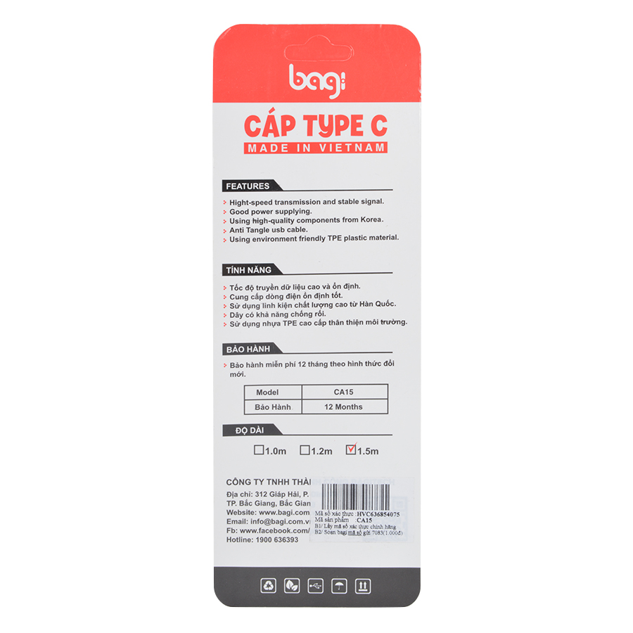 Cáp sạc usb type-c Bagi CA150 1.5m