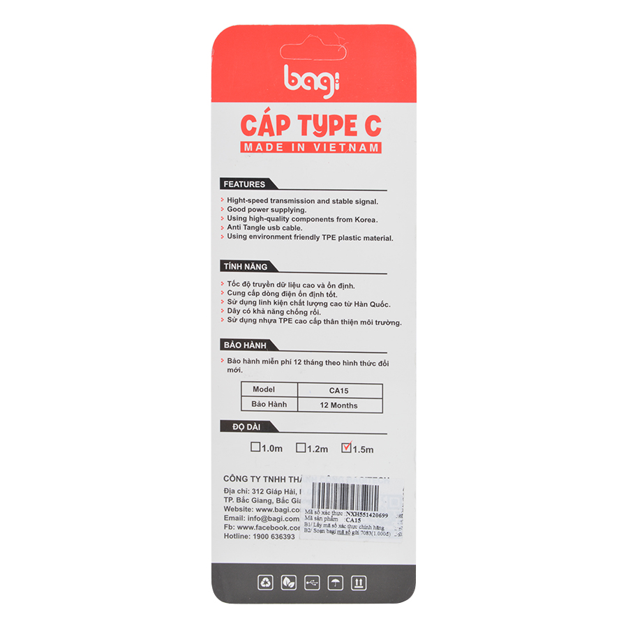 Cáp sạc usb type-c Bagi CA150 1.5m