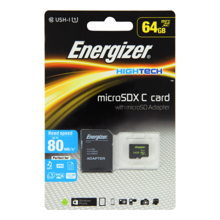 Thẻ Nhớ Energizer 64GB Micro SDXC Class 10 Up To 80mb/s (Kèm Adapter) FMDAAH064A - Hàng Chính Hãng