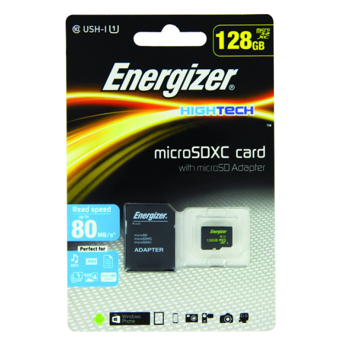 Thẻ Nhớ Energizer 128GB Micro SDXC Class 10 Up To 80mb/s (Kèm Adapter) FMDAAH128A - Hàng Chính Hãng