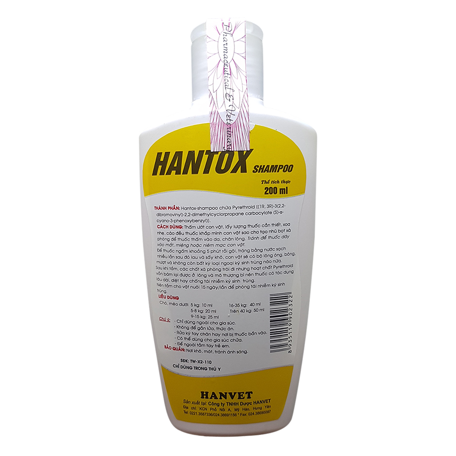 Dầu Tắm Trị Bọ Chét, Ve, Ghẻ, Rận Chó Mèo Hanvet Hantox Vàng (200ml)