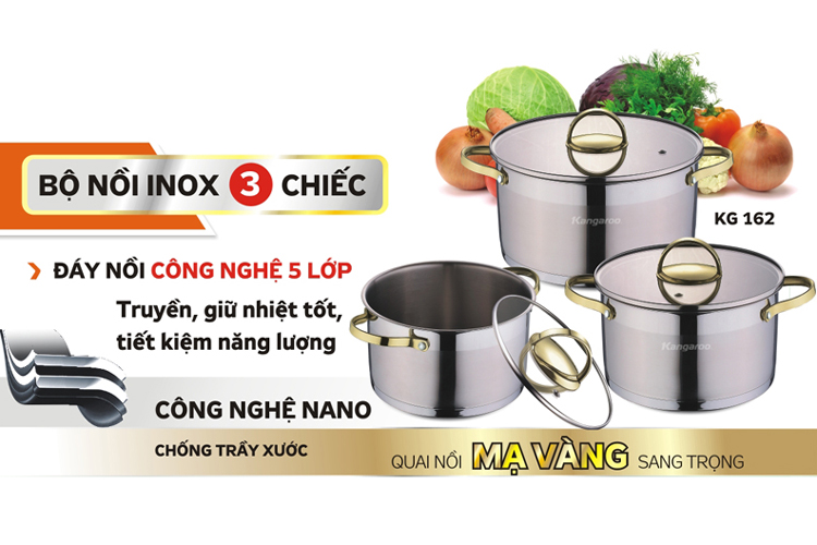 Bộ Nồi Inox Liên Doanh Đáy Từ Kangaroo KG162