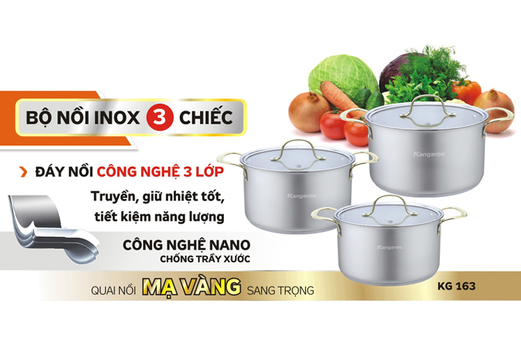 Bộ Nồi Inox Liên Doanh Đáy Từ Kangaroo KG163