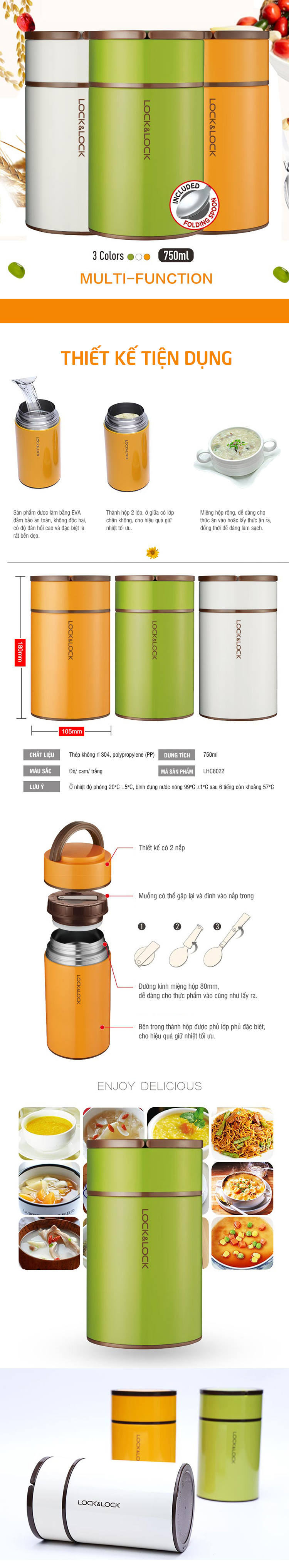 Bình Đựng Thức Ăn Giữ Nhiệt Column Food Jar Lock&Lock LHC8022ORG (750ml)