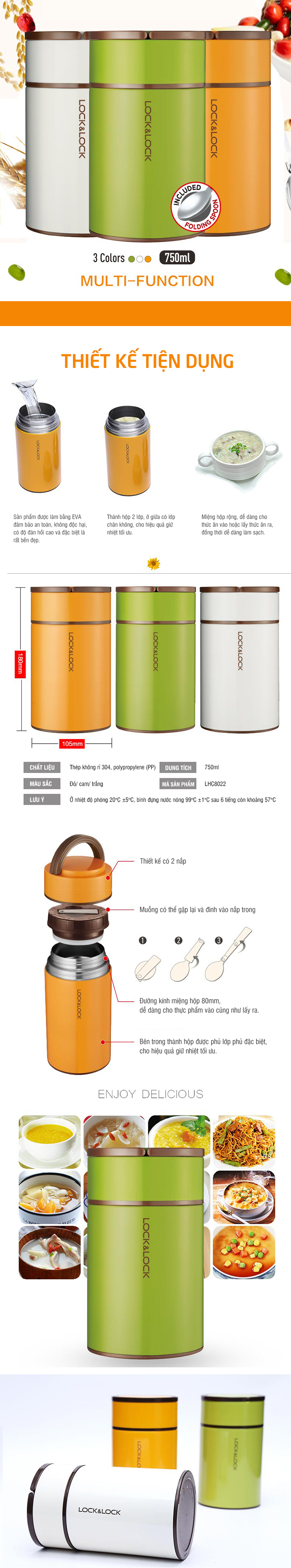 Bình Đựng Thức Ăn Giữ Nhiệt Column Food Jar Lock&amp;Lock LHC8022ORG (750ml