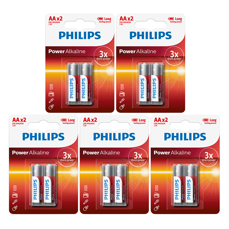 Combo 5 Vỉ - Pin Kiềm (Alkaline) Philips AA LR6P2B (10 Viên AA) - Đỏ