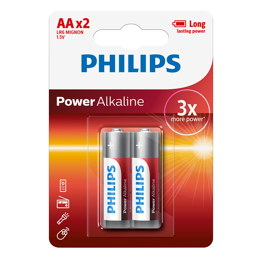 Combo 5 Vỉ - Pin Kiềm (Alkaline) Philips AA LR6P2B (10 Viên AA) - Đỏ