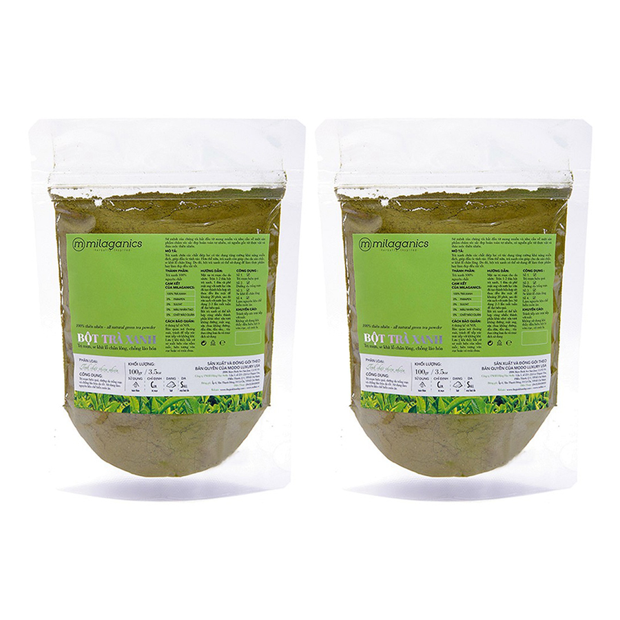 Combo 2 Bột Trà Xanh Nguyên Chất Milaganics (100g / Gói)