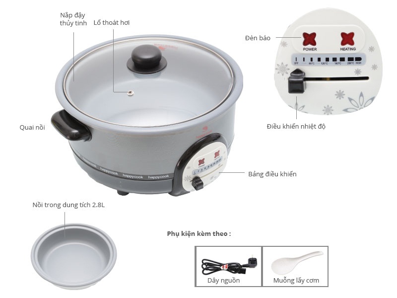 [Nhập CECAMP30KD5 giảm 30K] Nồi Lẩu Điện Đa Năng Happy Cook HCHP-300A - Hàng chính hãng