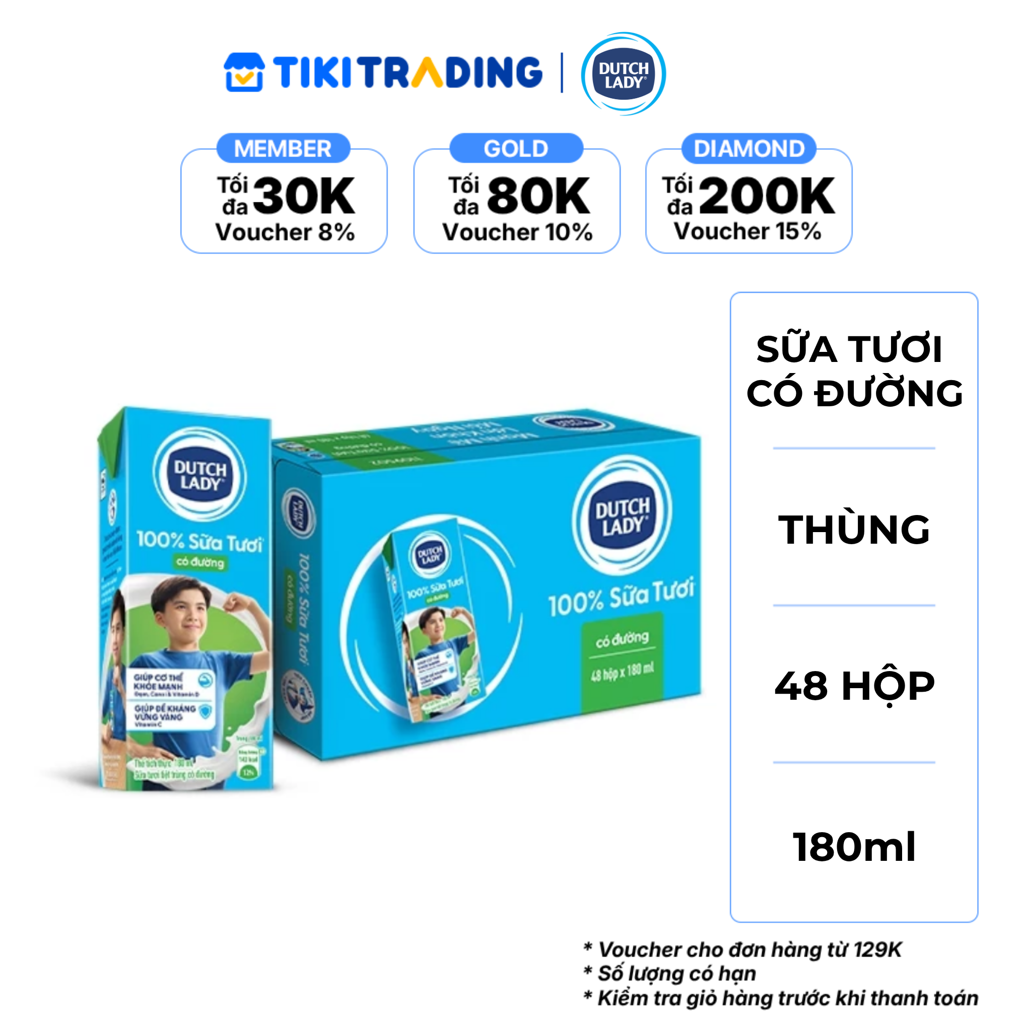Thùng 48 Hộp Sữa Tươi Tiệt Trùng Dutch Lady Cô Gái Hà Lan Có Đường 48X180ml