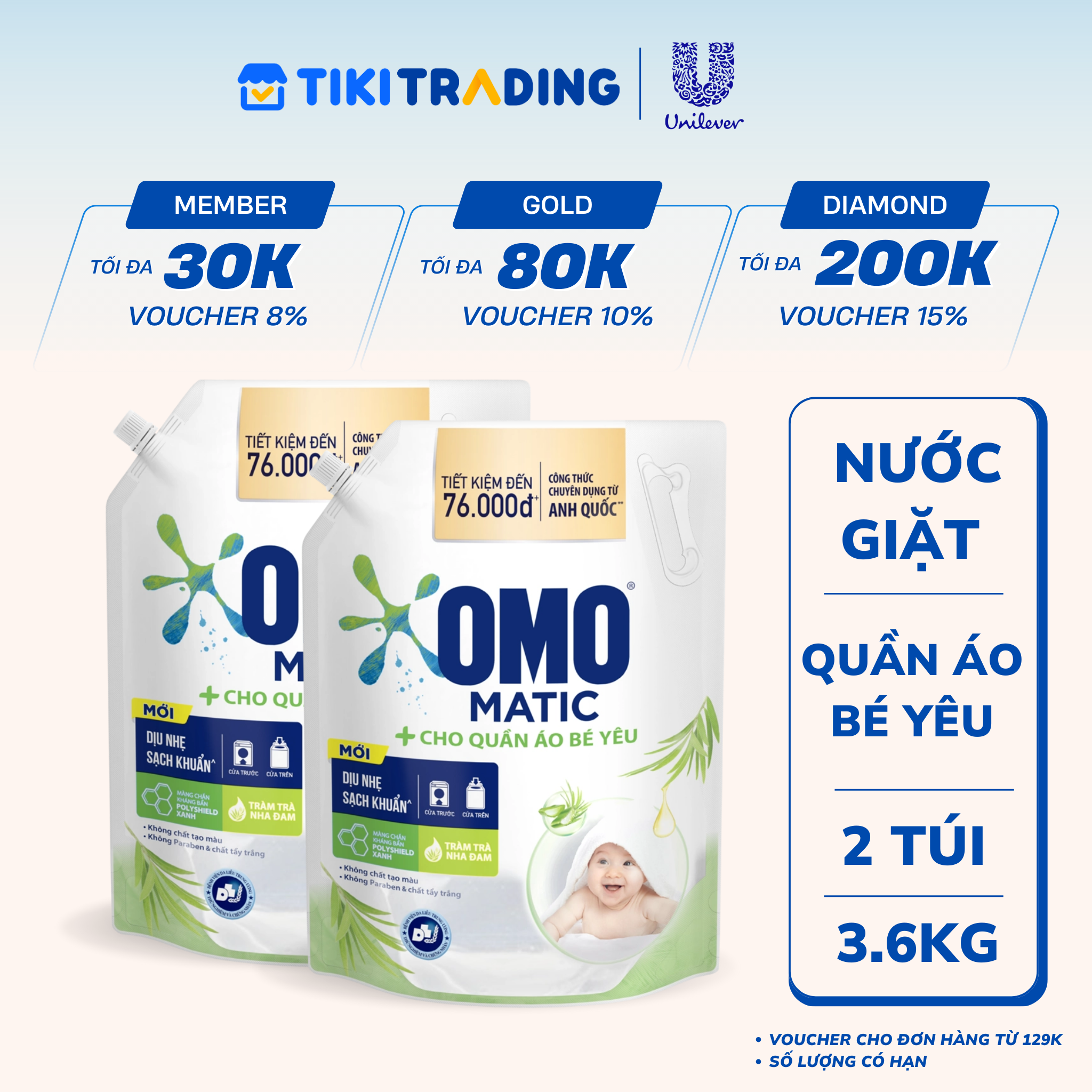 Combo 2 Túi Nước Giặt OMO Matic Cho Quần Áo Bé - 2 Túi 3.6KG