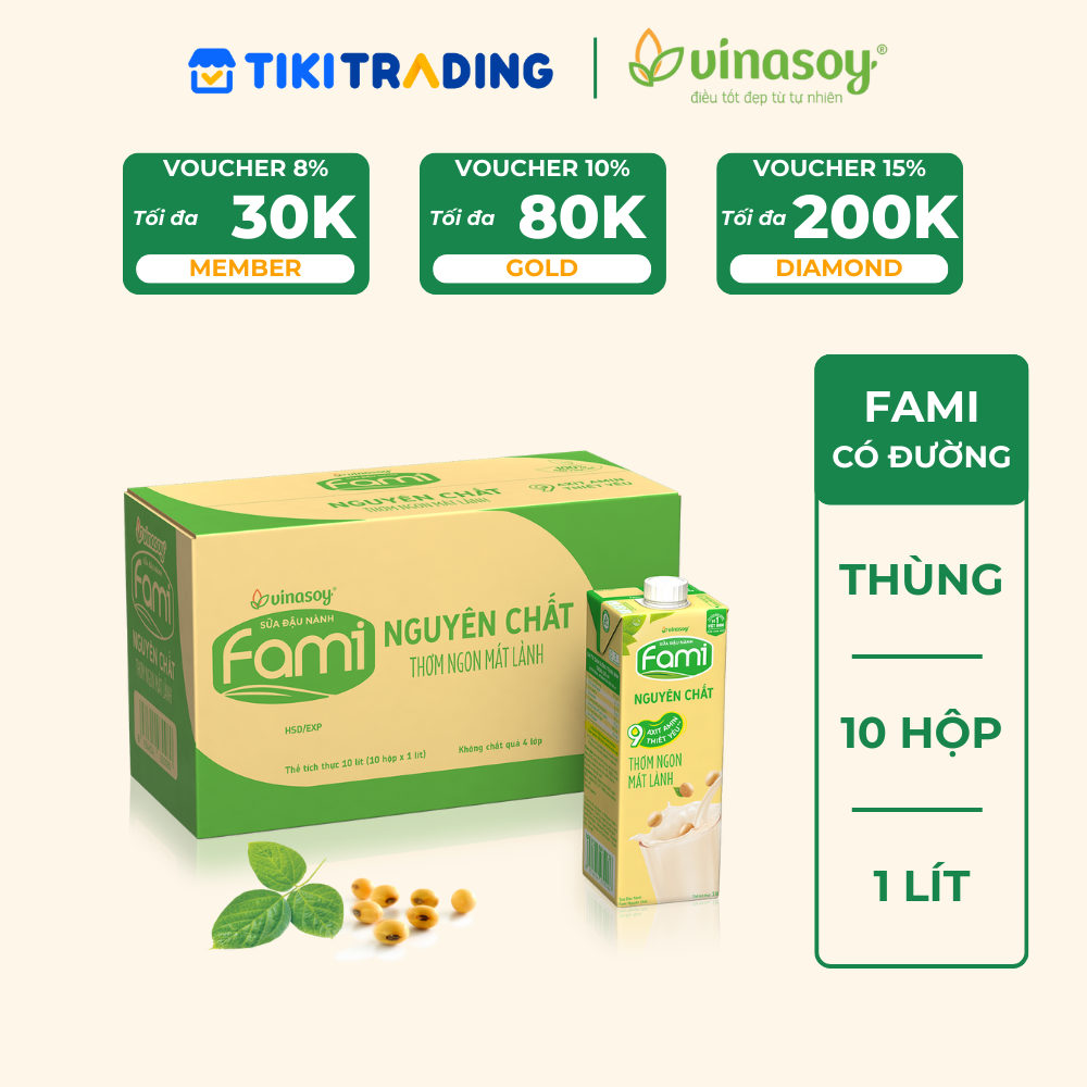 Thùng 10 Hộp Sữa Đậu Nành Vinasoy Fami Nguyên Chất 1 lít  Hộp