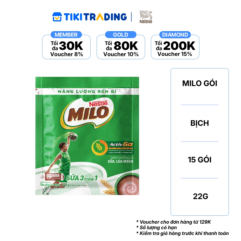 Bịch 15 gói Thức Uống Lúa Mạch Nestlé MILO Sữa 3 Trong 1 22gGói