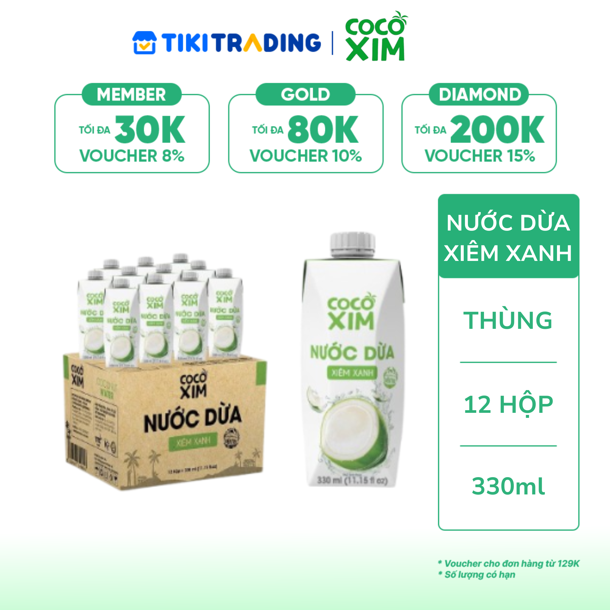 Thùng 12 Hộp Nước Dừa Cocoxim Xanh 330ml x12 Hộp