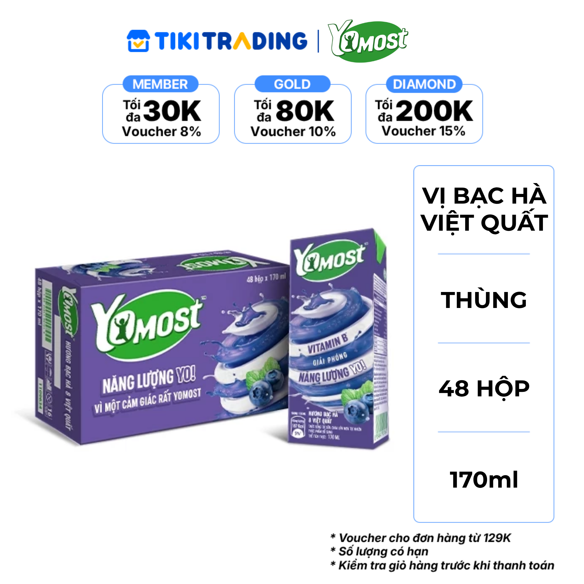 Thùng 48 Hộp Sữa Chua Lên Men Tự Nhiên Yomost Bạc Hà - Việt Quất 170mlHộp