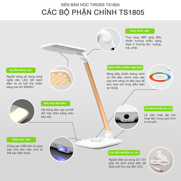 Đèn Bàn LED Chống Cận Đa Năng Tiross 14W TS1805 - 14W - Màu Silver