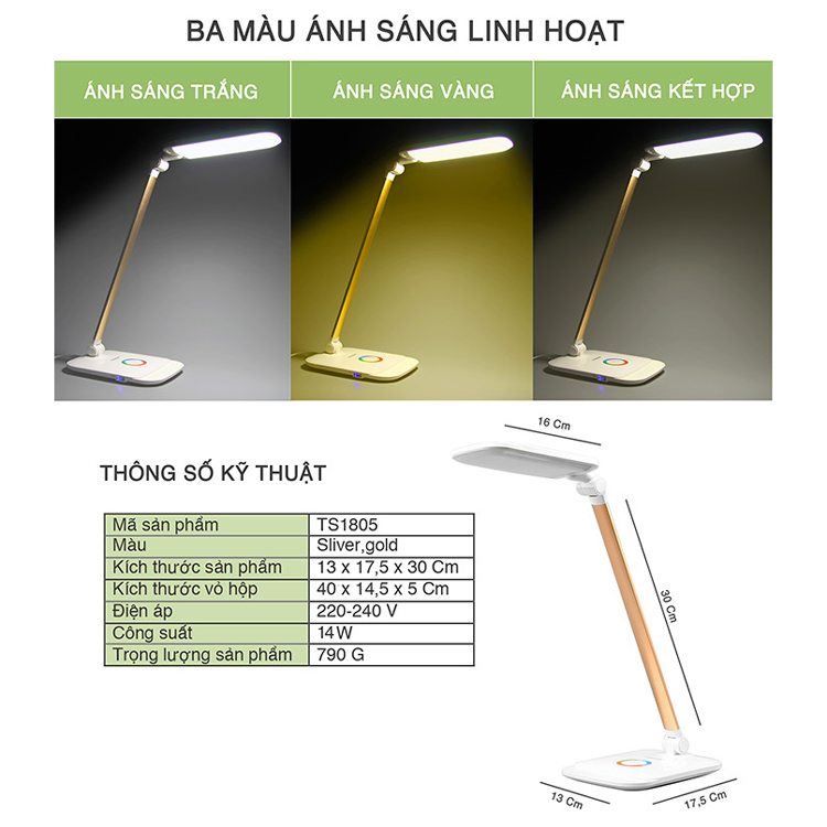 Đèn Bàn LED Chống Cận Đa Năng Tiross 14W TS1805 - 14W - Màu Gold