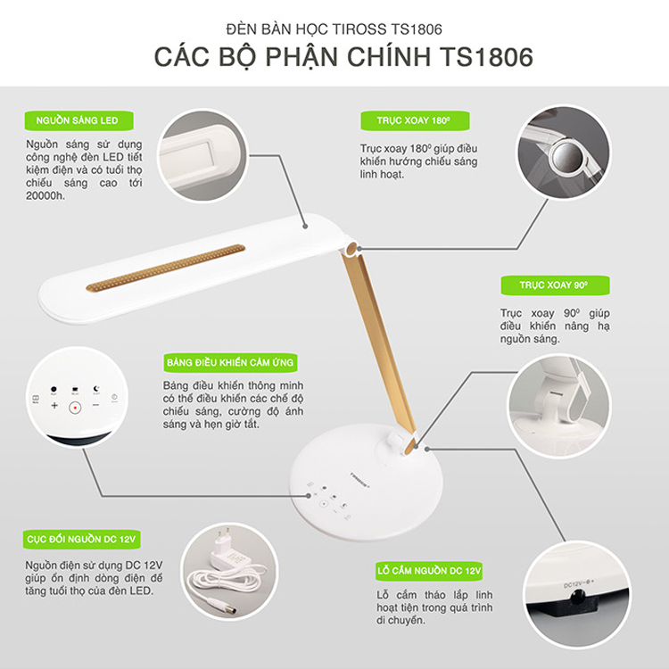 Đèn Bàn LED Chống Cận Tiross TS1806 - 8W - Màu Gold