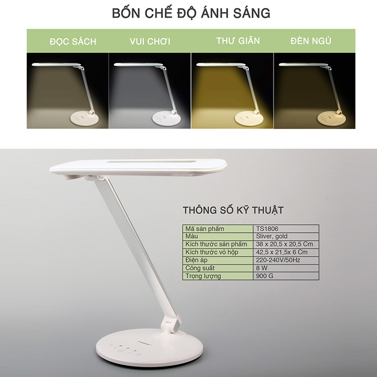 Đèn Bàn LED Chống Cận Tiross TS1806 - 8W - Màu Gold