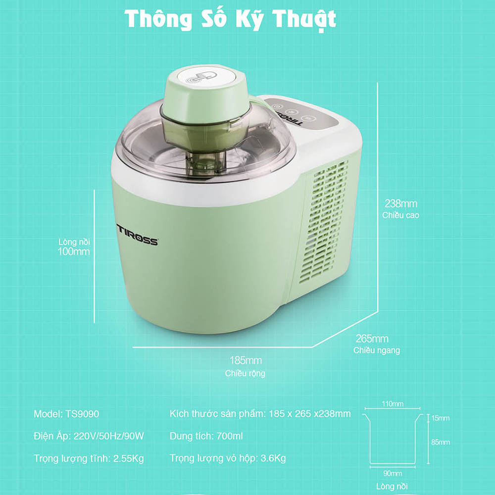 Máy Làm Kem Hoàn Toàn Tự Động Tiross TS9090 (Hồng) - Hàng Chính Hãng